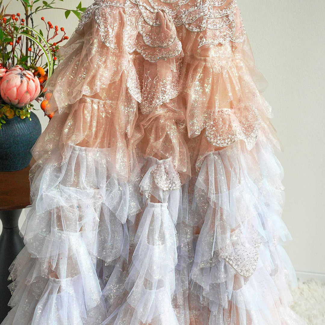 Luxury Champagne Flower Girl Dress Sequin Ruffled Tulle Ball Gown for Weddings & Pageants J004