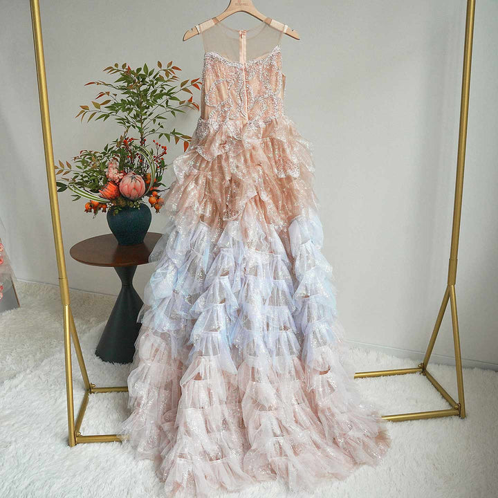 Luxury Champagne Flower Girl Dress Sequin Ruffled Tulle Ball Gown for Weddings & Pageants J004