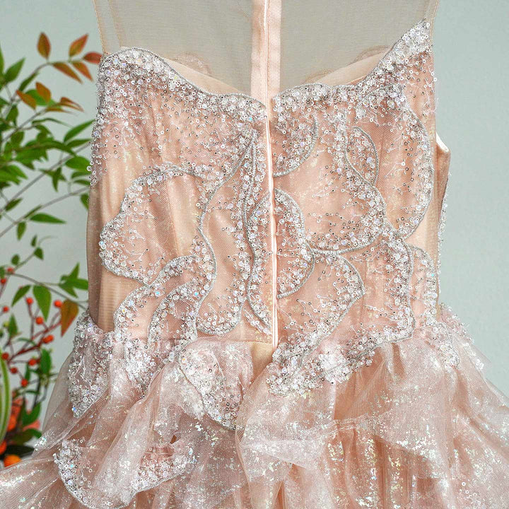 Luxury Champagne Flower Girl Dress Sequin Ruffled Tulle Ball Gown for Weddings & Pageants J004