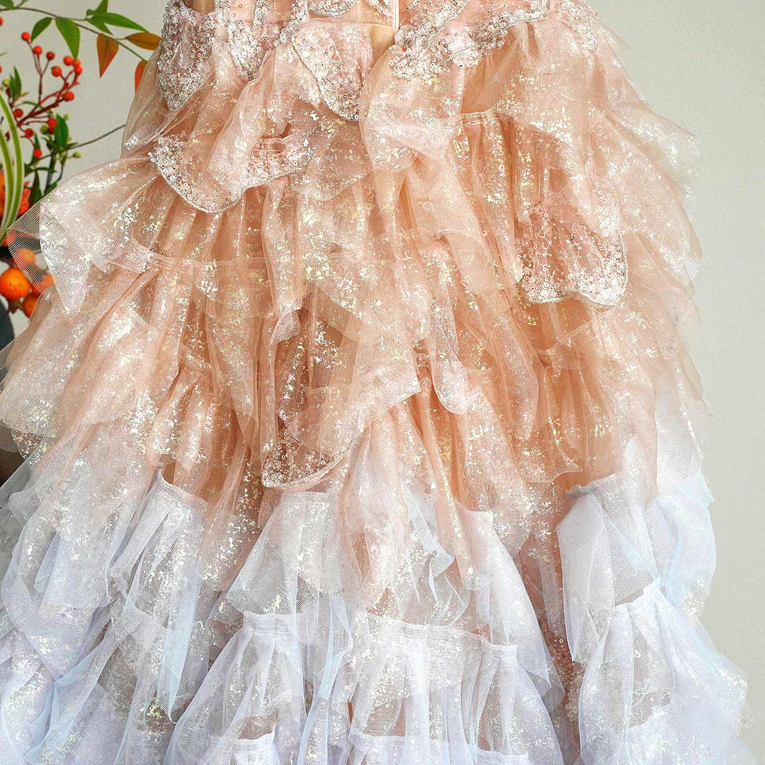 Luxury Champagne Flower Girl Dress Sequin Ruffled Tulle Ball Gown for Weddings & Pageants J004