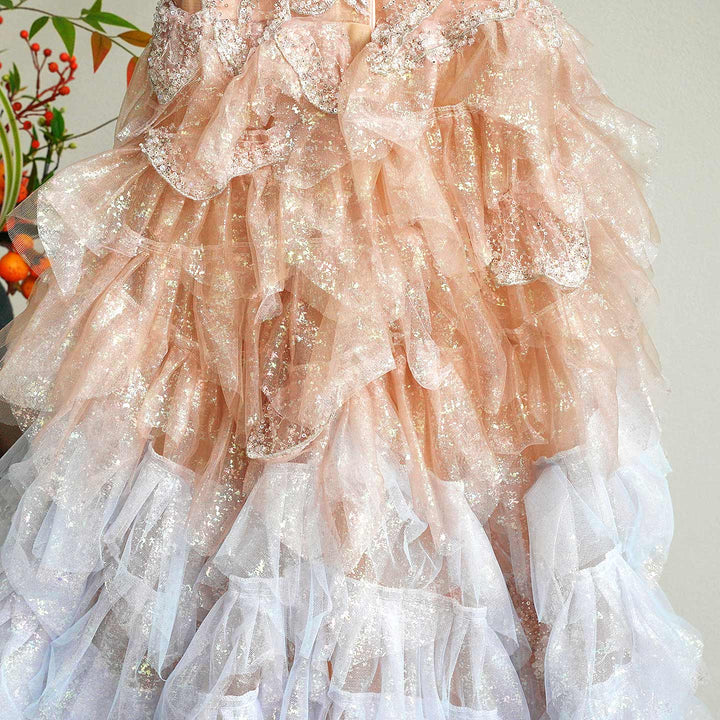 Luxury Champagne Flower Girl Dress Sequin Ruffled Tulle Ball Gown for Weddings & Pageants J004