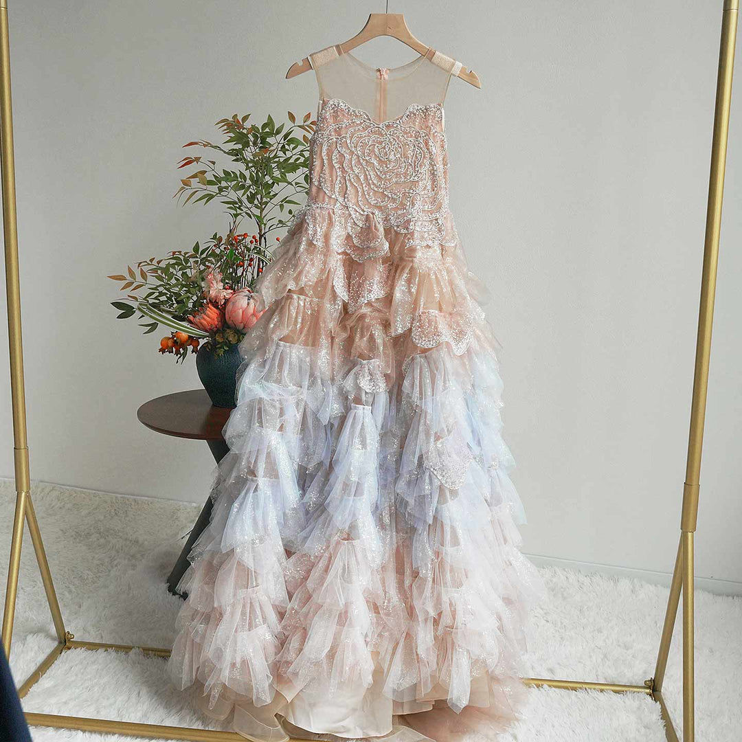 Luxury Champagne Flower Girl Dress Sequin Ruffled Tulle Ball Gown for Weddings & Pageants J004