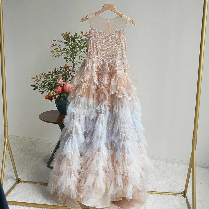 Luxury Champagne Flower Girl Dress Sequin Ruffled Tulle Ball Gown for Weddings & Pageants J004
