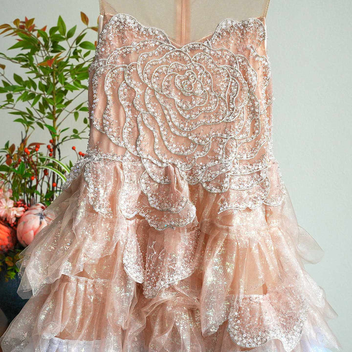 Luxury Champagne Flower Girl Dress Sequin Ruffled Tulle Ball Gown for Weddings & Pageants J004