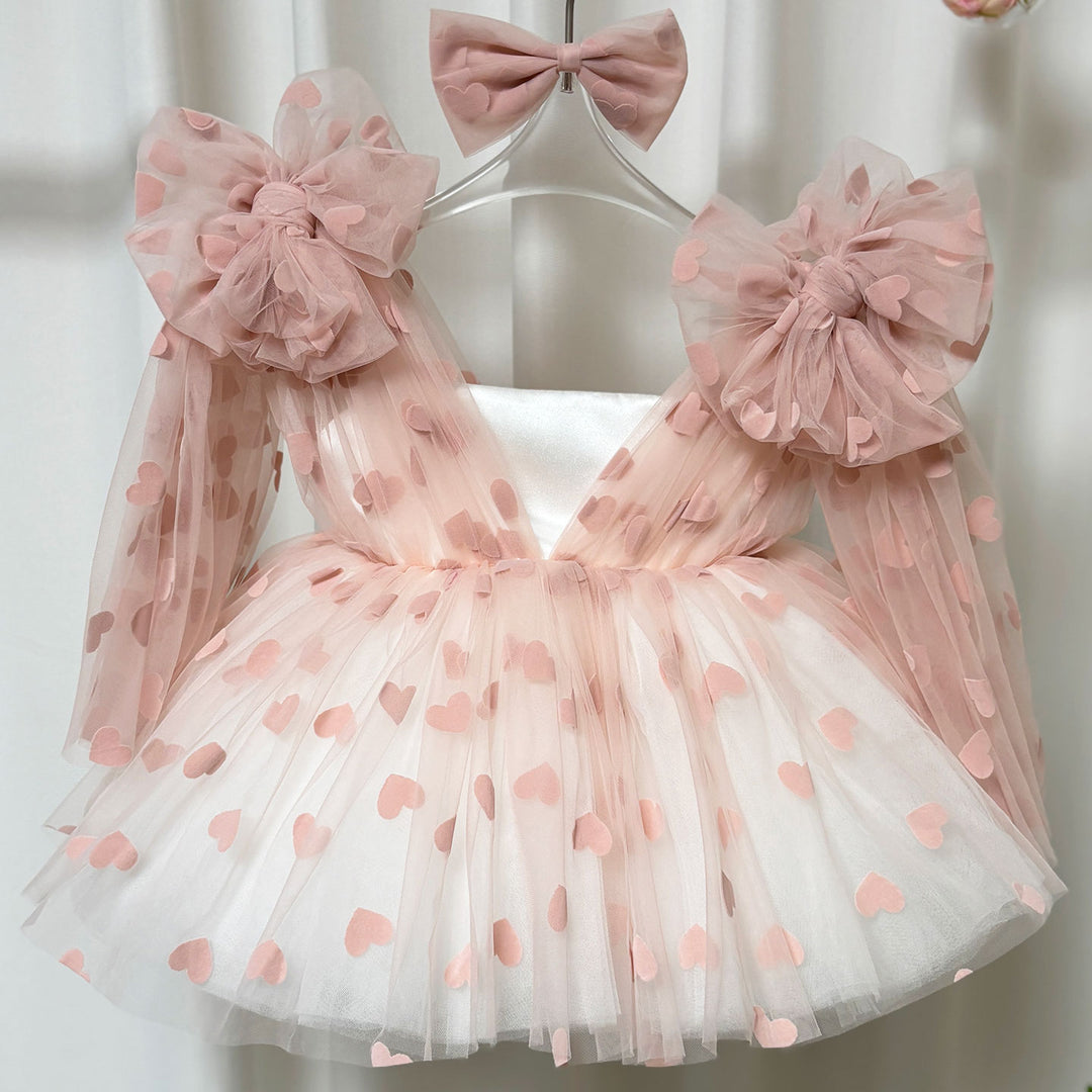 V-Neck Long Sleeve Tulle Flower Girl Dress with Bow D059