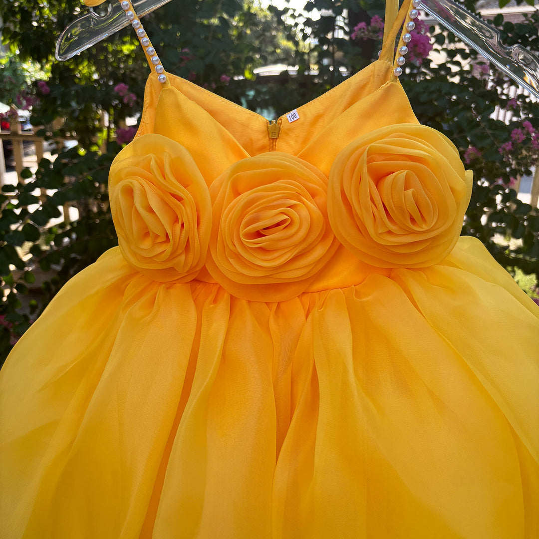 Yellow Toddler Party Dress with Strappy Design Flower Girl Dess J429