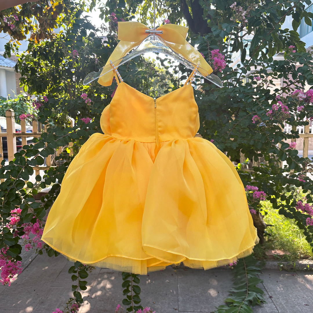 Yellow Toddler Party Dress with Strappy Design Flower Girl Dess J429