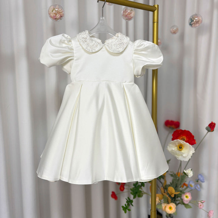 O-Neck Embroidered Satin Flower Girl Dress With Bow Knee Length J810