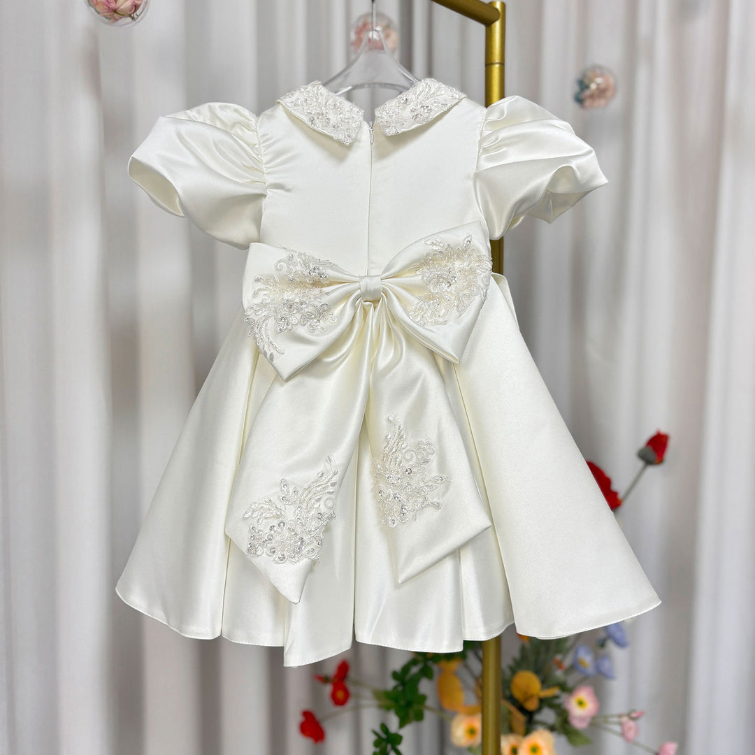 O-Neck Embroidered Satin Flower Girl Dress With Bow Knee Length J810