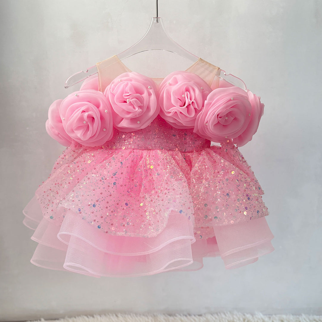 Flower Girl Dress with 3D Floral Accents Sparkling Sequins D099