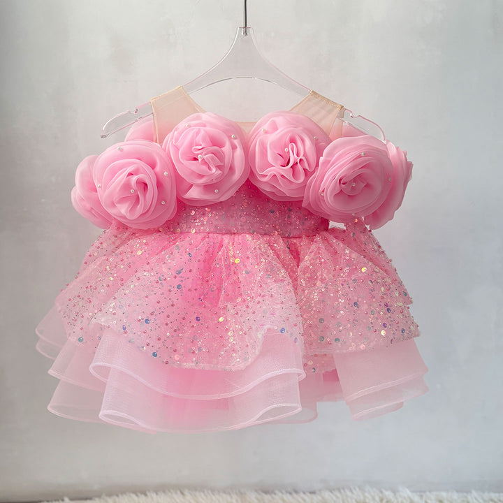Flower Girl Dress with 3D Floral Accents Sparkling Sequins D099