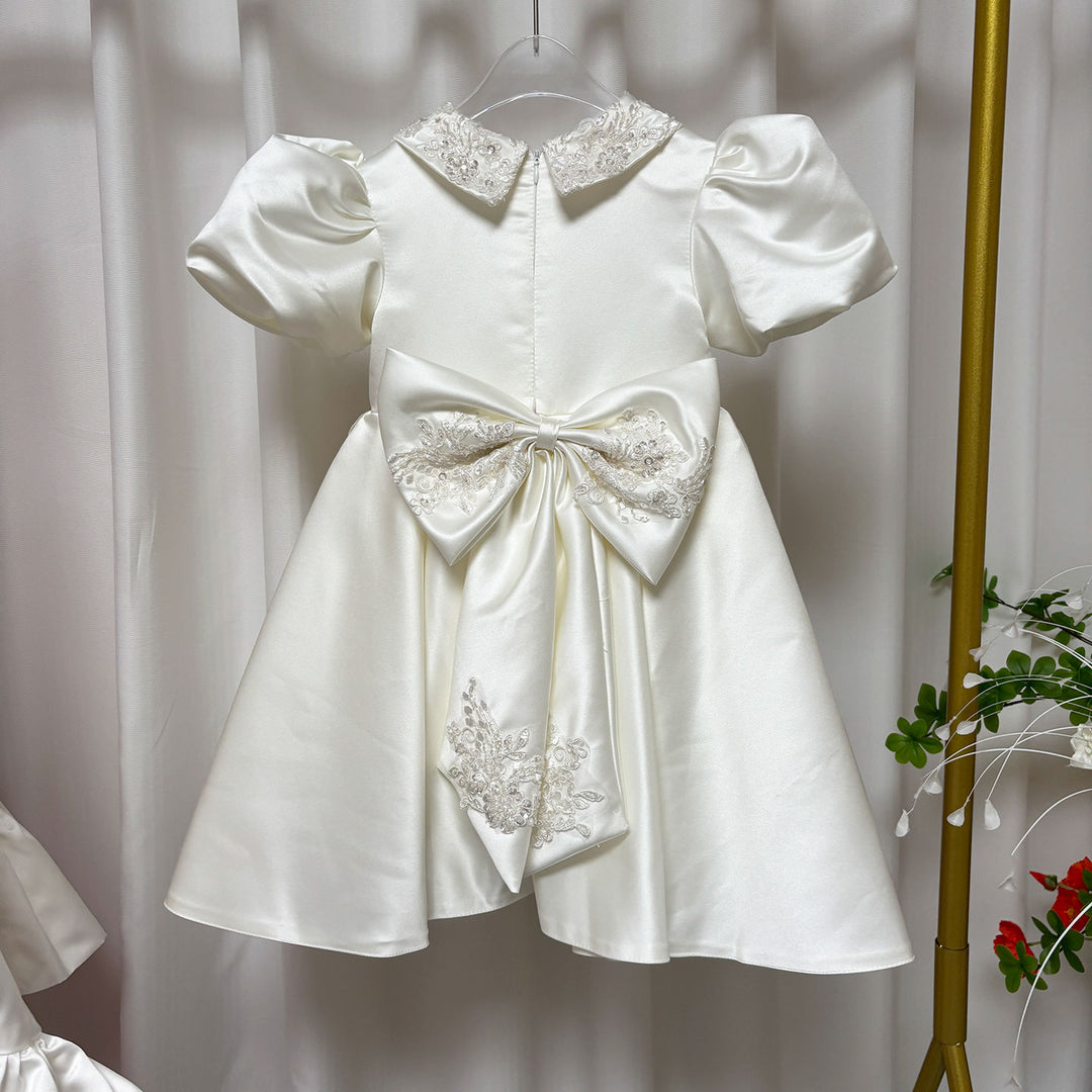 O-Neck Embroidered Satin Flower Girl Dress With Bow Knee Length J810