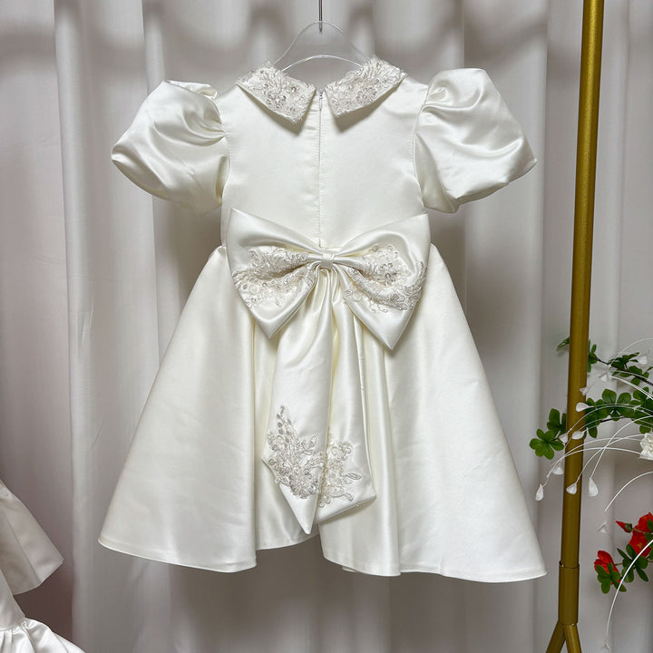 O-Neck Embroidered Satin Flower Girl Dress With Bow Knee Length J810