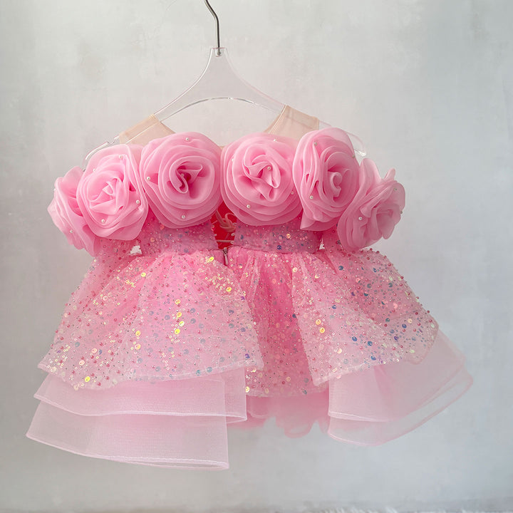 Flower Girl Dress with 3D Floral Accents Sparkling Sequins D099