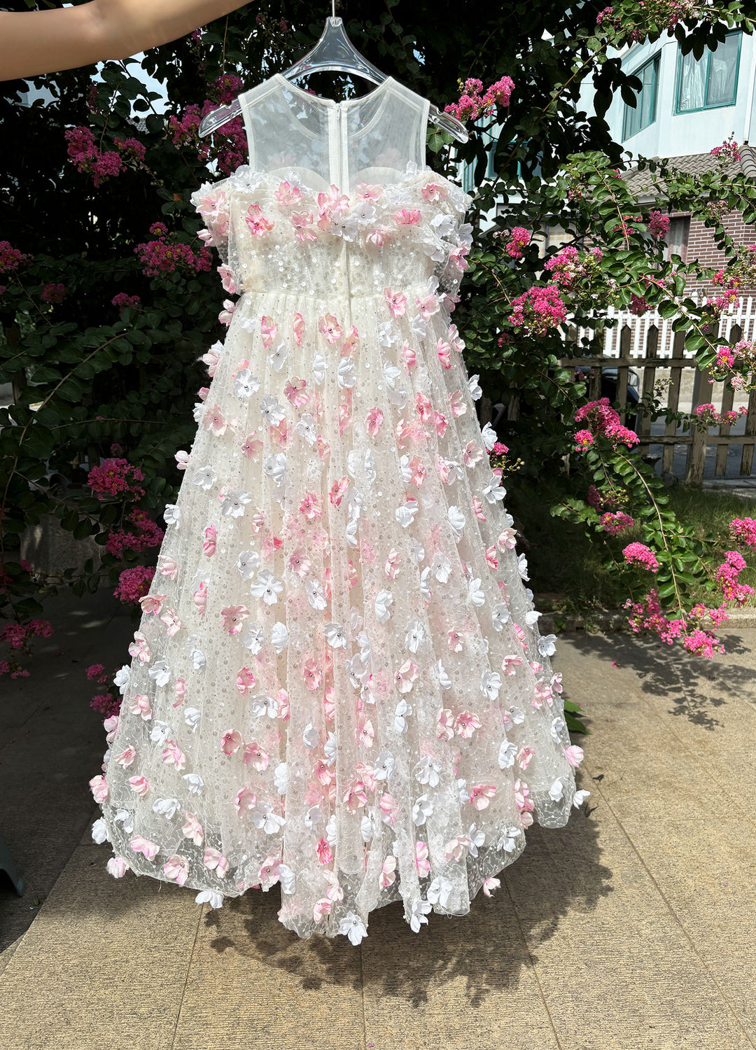 Off-Shoulder Flower-Adorned Pearled Flower Girl Dress J011