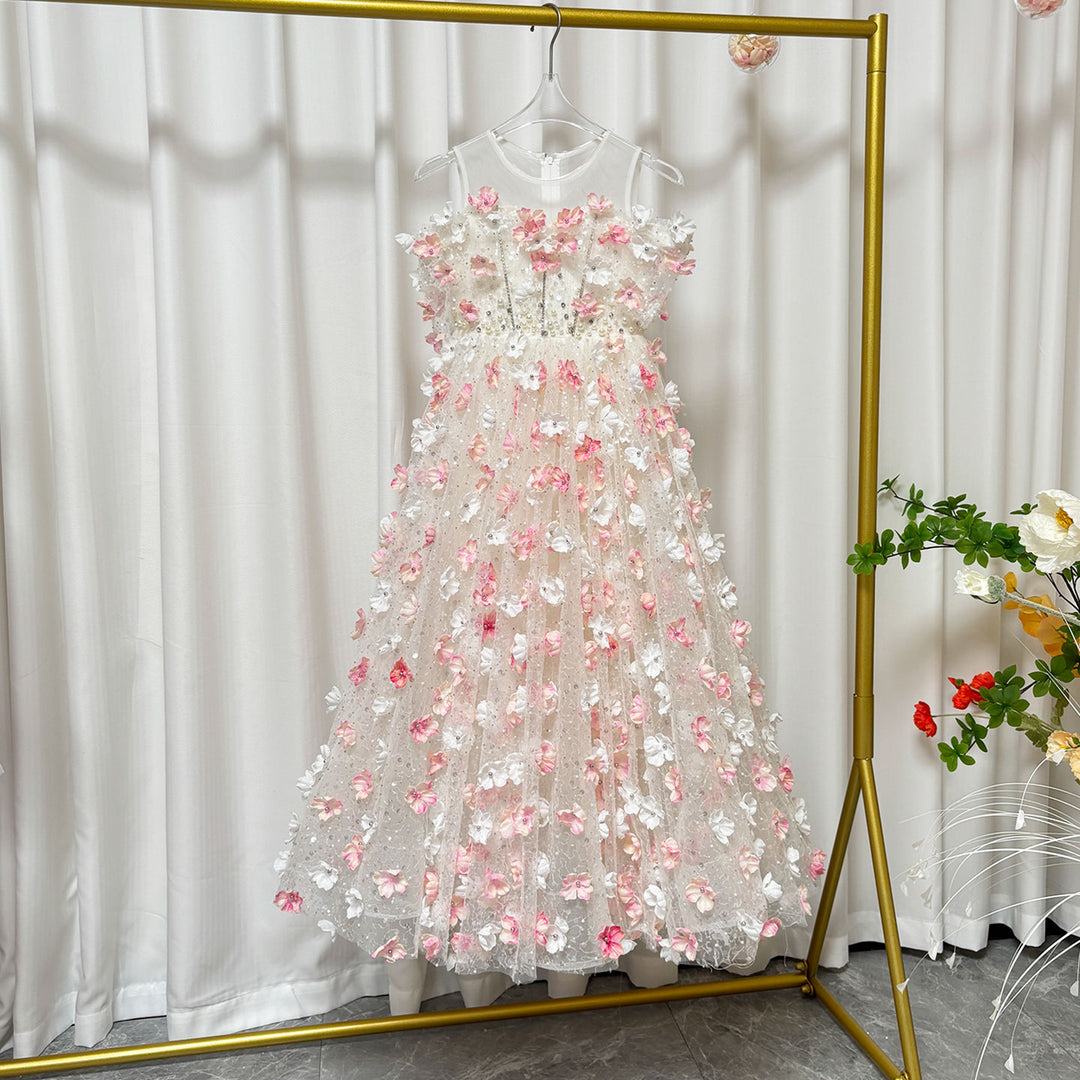 Off-Shoulder Flower-Adorned Pearled Flower Girl Dress J011