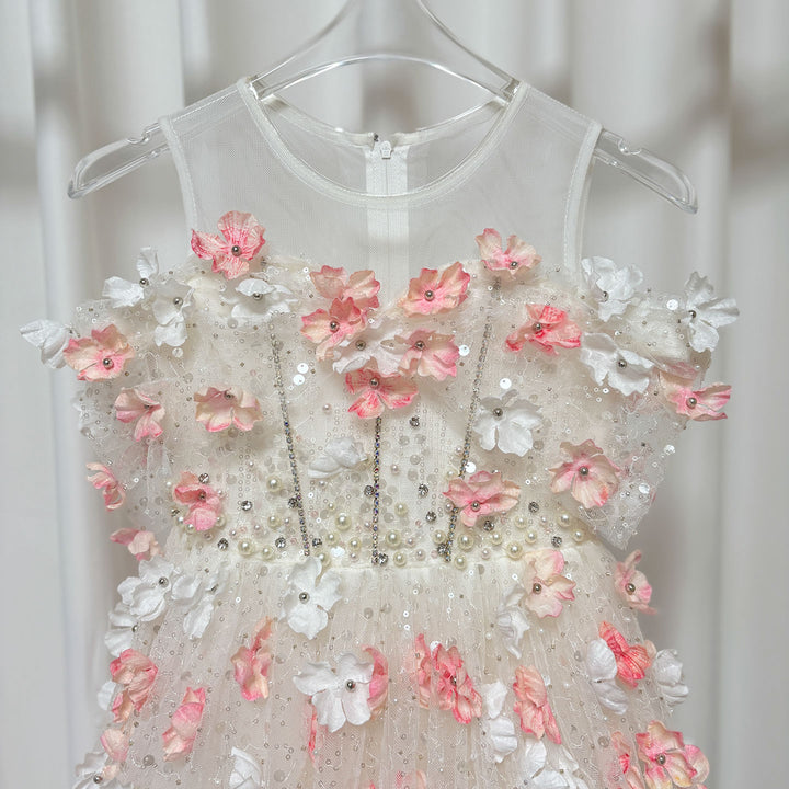 Off-Shoulder Flower-Adorned Pearled Flower Girl Dress J011