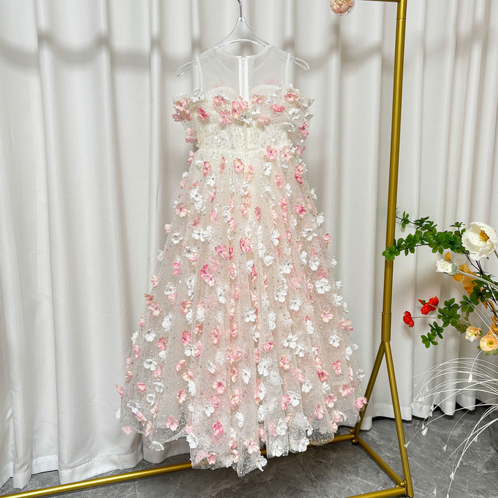 Off-Shoulder Flower-Adorned Pearled Flower Girl Dress J011