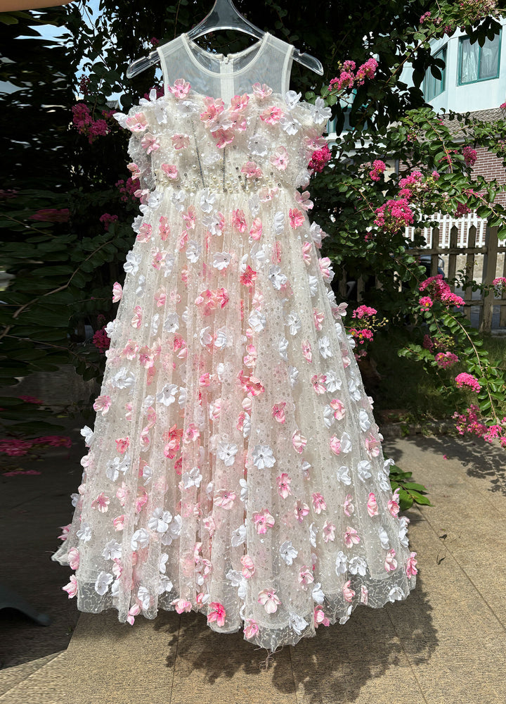 Off-Shoulder Flower-Adorned Pearled Flower Girl Dress J011