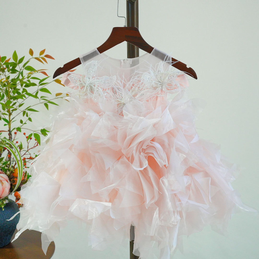 Pink Ruffle Flower Girl Dress with Butterfly Details Birthday Party Princess Gown J885
