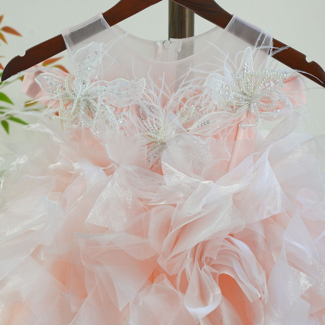 Pink Ruffle Flower Girl Dress with Butterfly Details Birthday Party Princess Gown J885