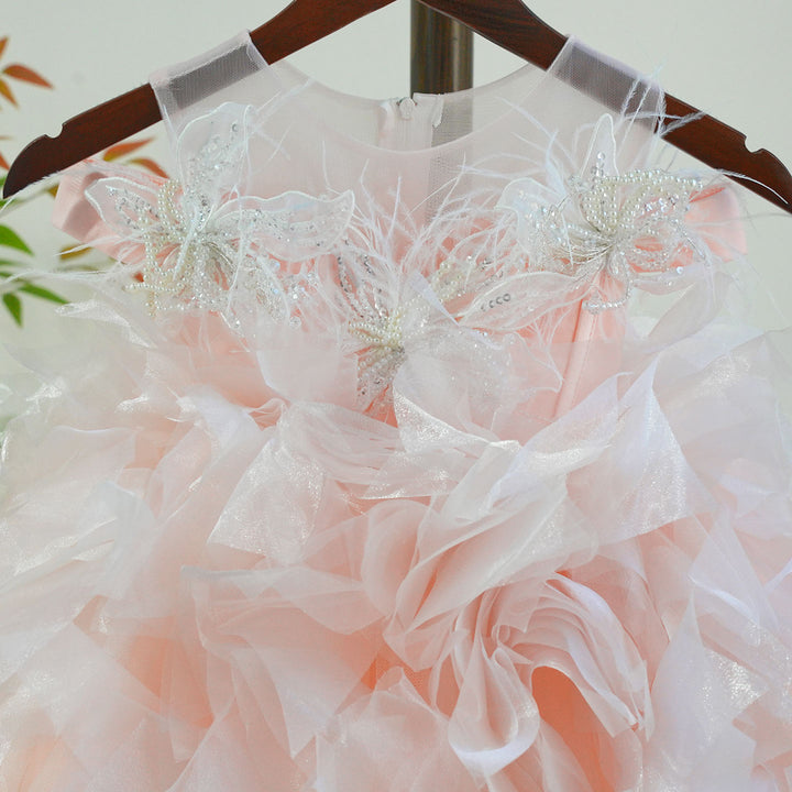 Pink Ruffle Flower Girl Dress with Butterfly Details Birthday Party Princess Gown J885