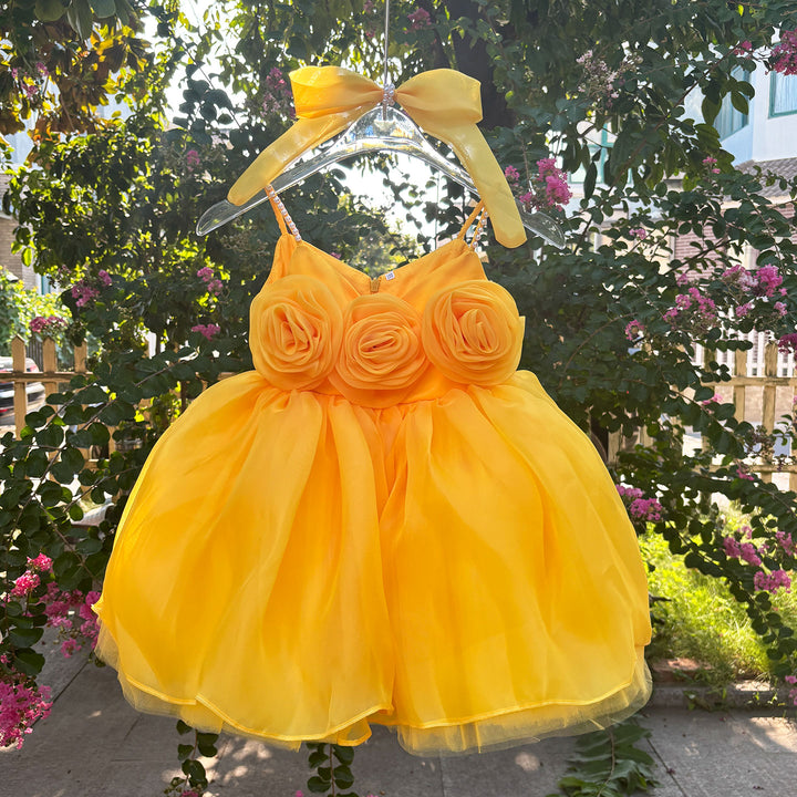 Yellow Toddler Party Dress with Strappy Design Flower Girl Dess J429