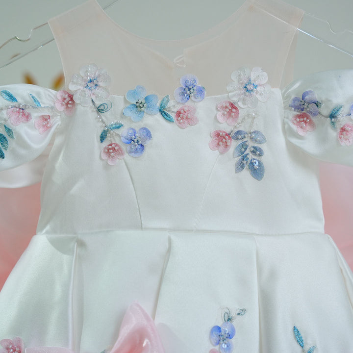 Elegant Off-Shoulder Girl Dress with Floral Print Bow Details Princess Party J883