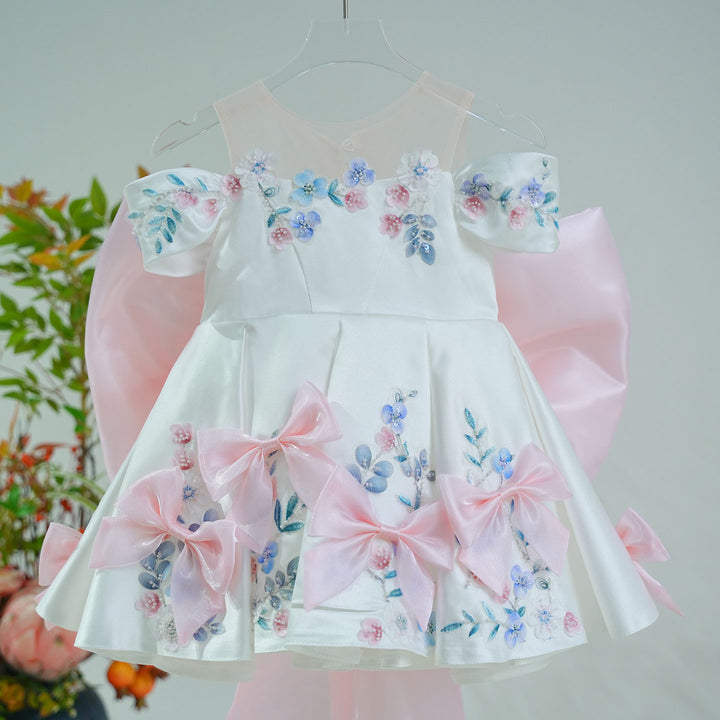 Elegant Off-Shoulder Girl Dress with Floral Print Bow Details Princess Party J883