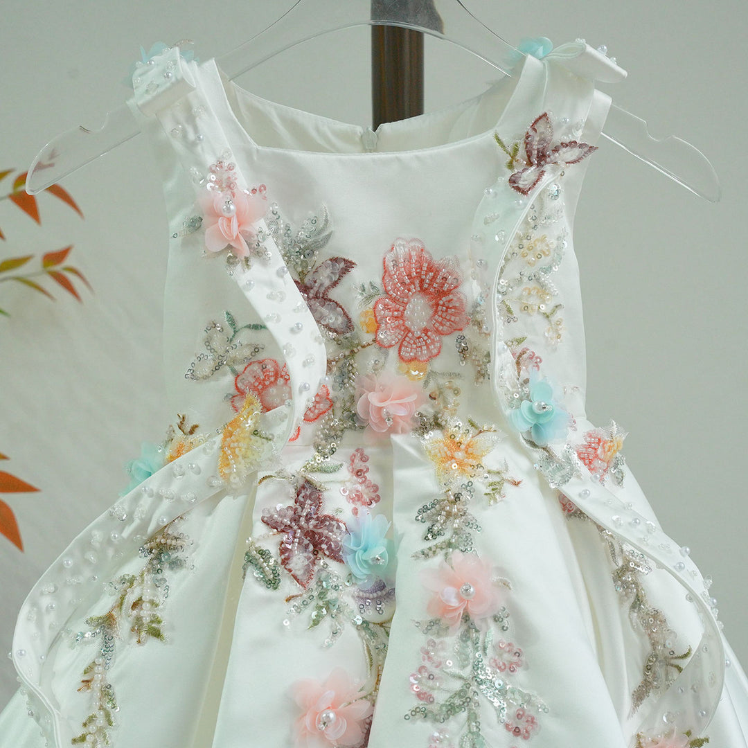 Elegant White Floral Flower Girl Dress Princess Wedding Party Dress J880