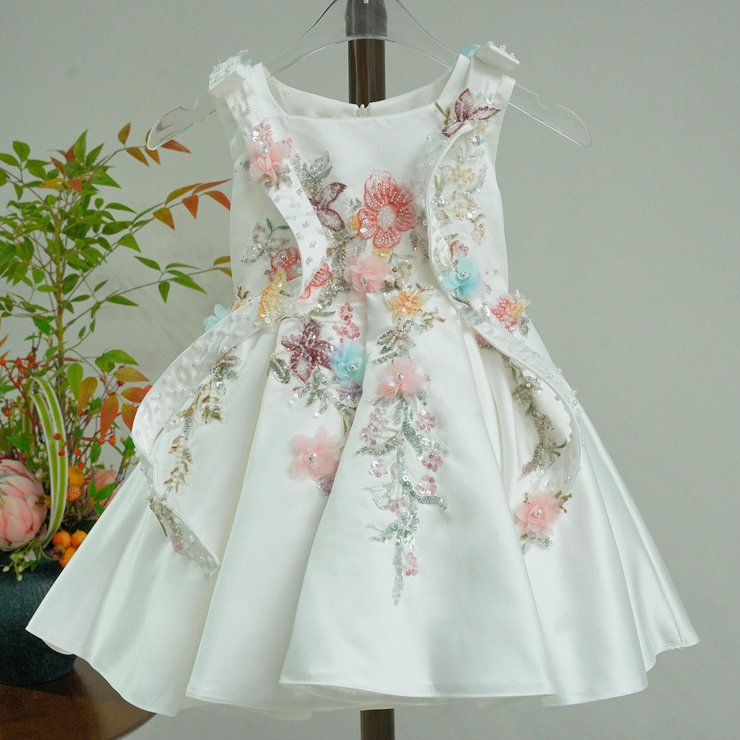 Elegant White Floral Flower Girl Dress Princess Wedding Party Dress J880