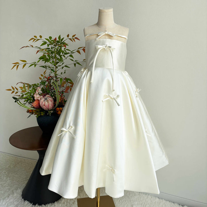 Ivory Satin Illusion Neck Ball Gown Flower Girl Dress with Bow Accents D361