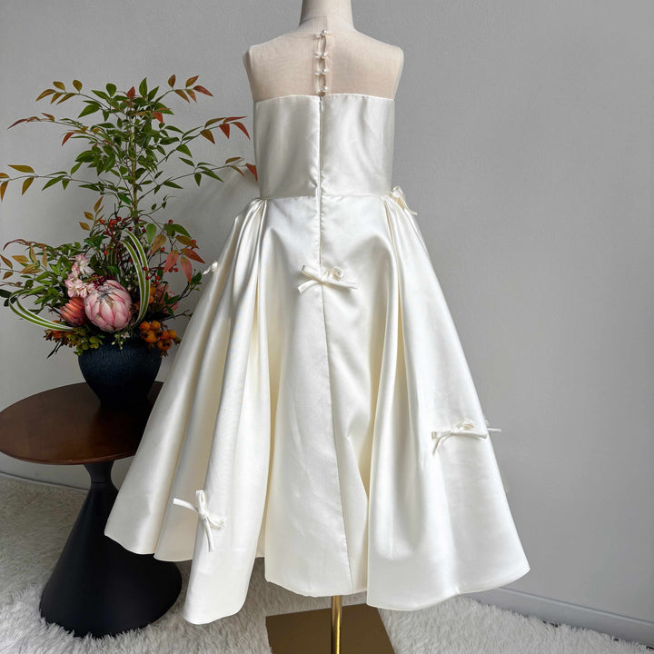 Ivory Satin Illusion Neck Ball Gown Flower Girl Dress with Bow Accents D361