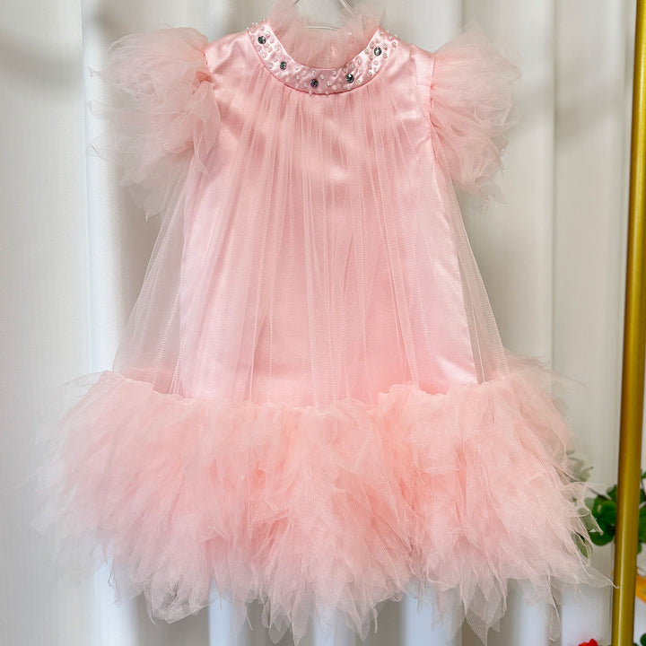 Elegant Pink Rhinestone Collar Flower Girl Dress D091