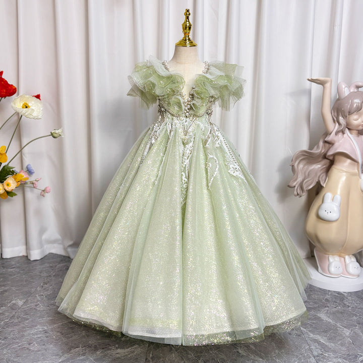 Luxury Sage Green Girl Dress Beaded for kids Birthday Pageant Party J360