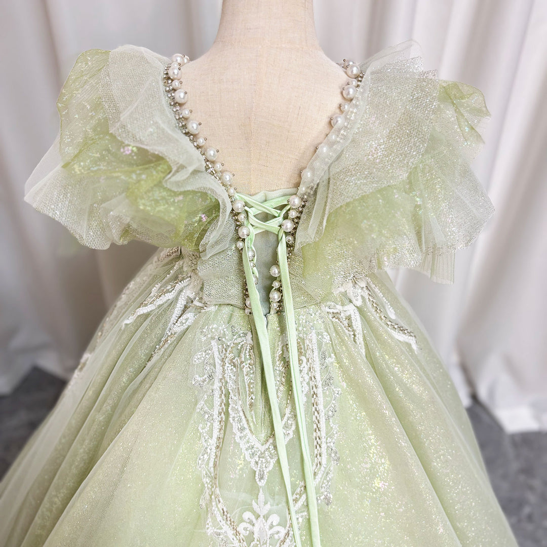 Luxury Sage Green Girl Dress Beaded for kids Birthday Pageant Party J360