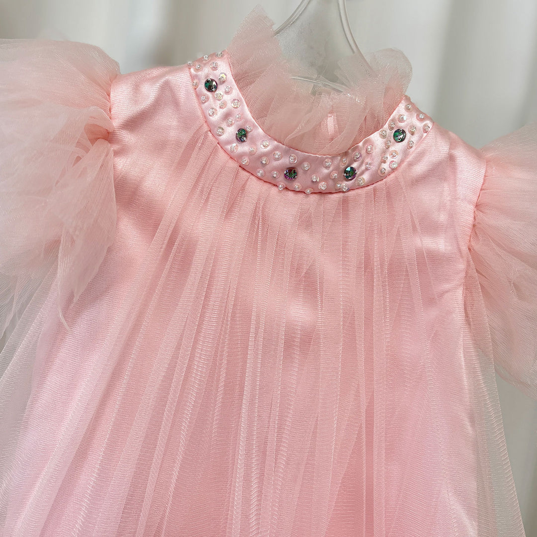 Elegant Pink Rhinestone Collar Flower Girl Dress D091