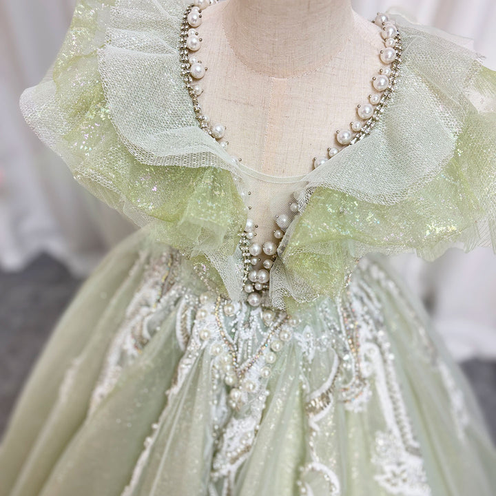 Luxury Sage Green Girl Dress Beaded for kids Birthday Pageant Party J360