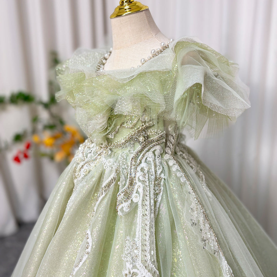 Luxury Sage Green Girl Dress Beaded for kids Birthday Pageant Party J360
