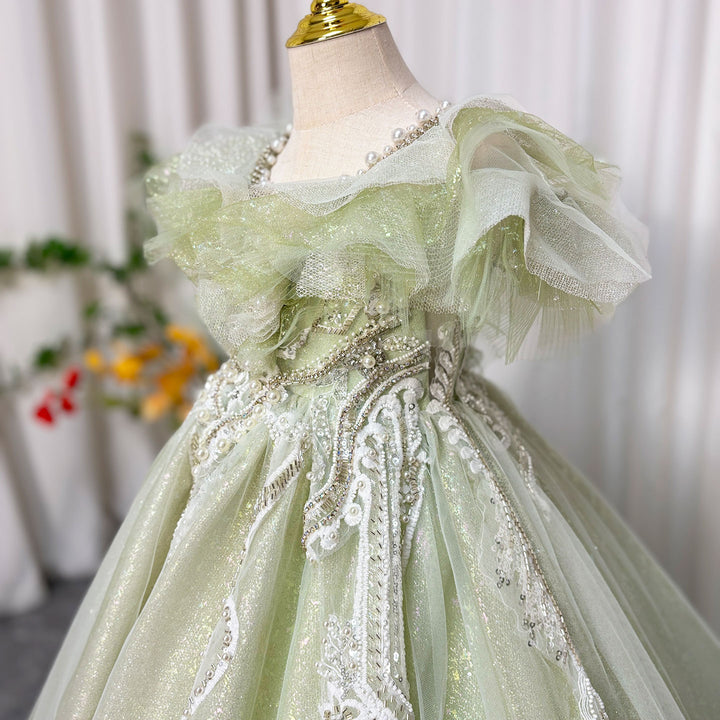 Luxury Sage Green Girl Dress Beaded for kids Birthday Pageant Party J360
