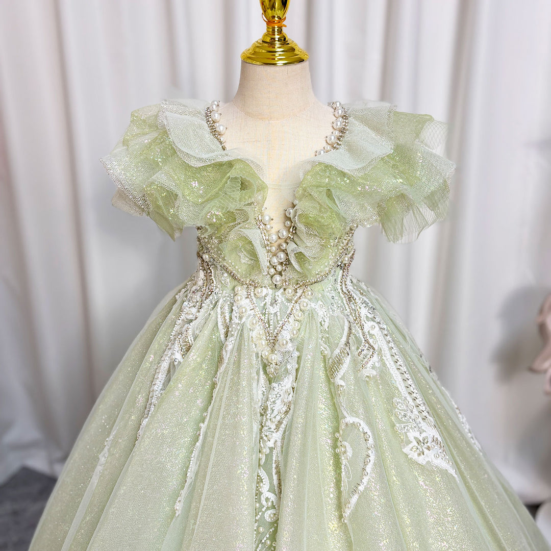 Luxury Sage Green Girl Dress Beaded for kids Birthday Pageant Party J360