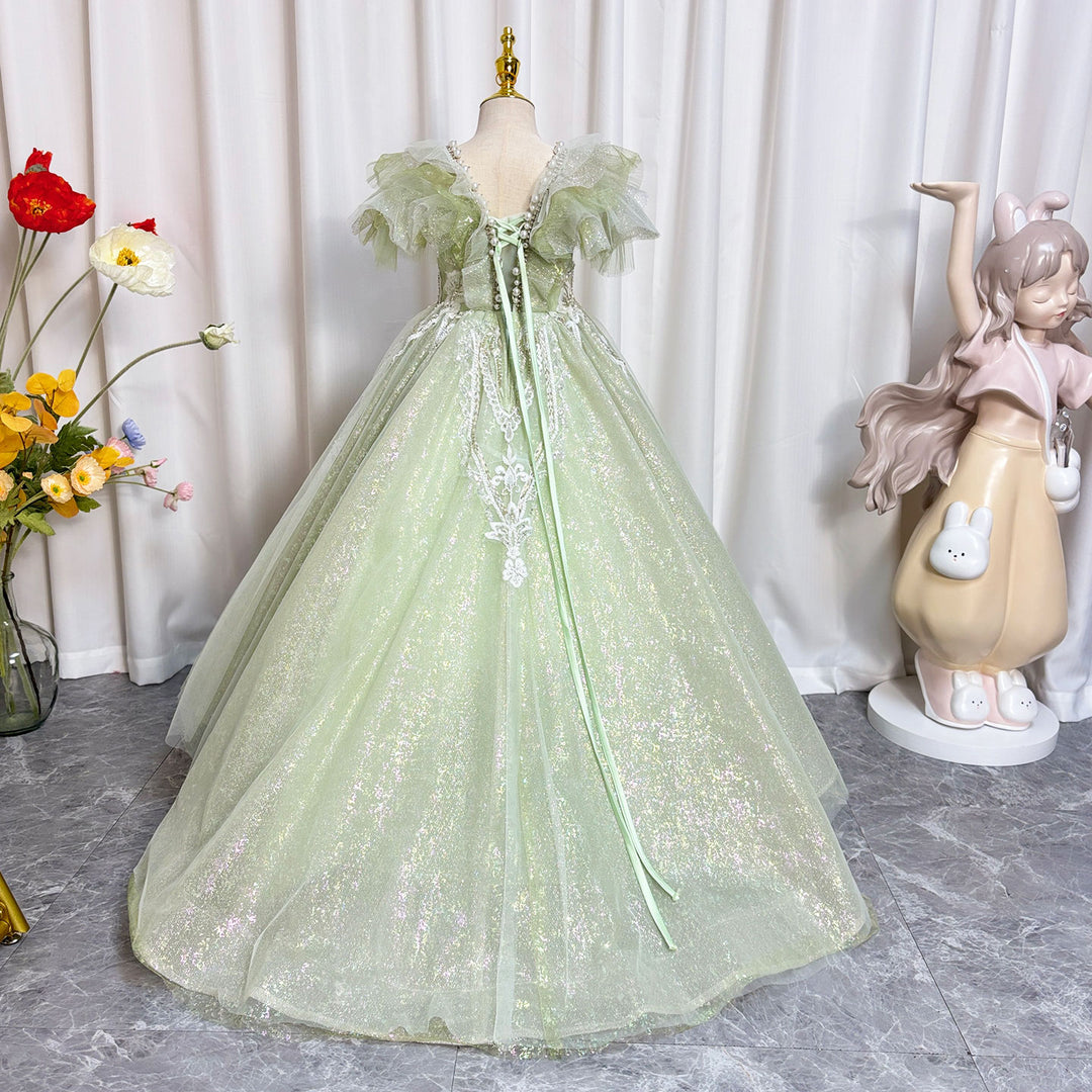 Luxury Sage Green Girl Dress Beaded for kids Birthday Pageant Party J360