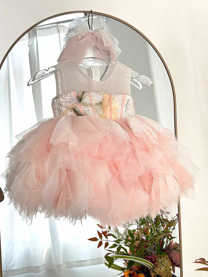 Luxury Pink Tulle Princess Dress for Girls Floral Sequin Birthday Party Gown D253