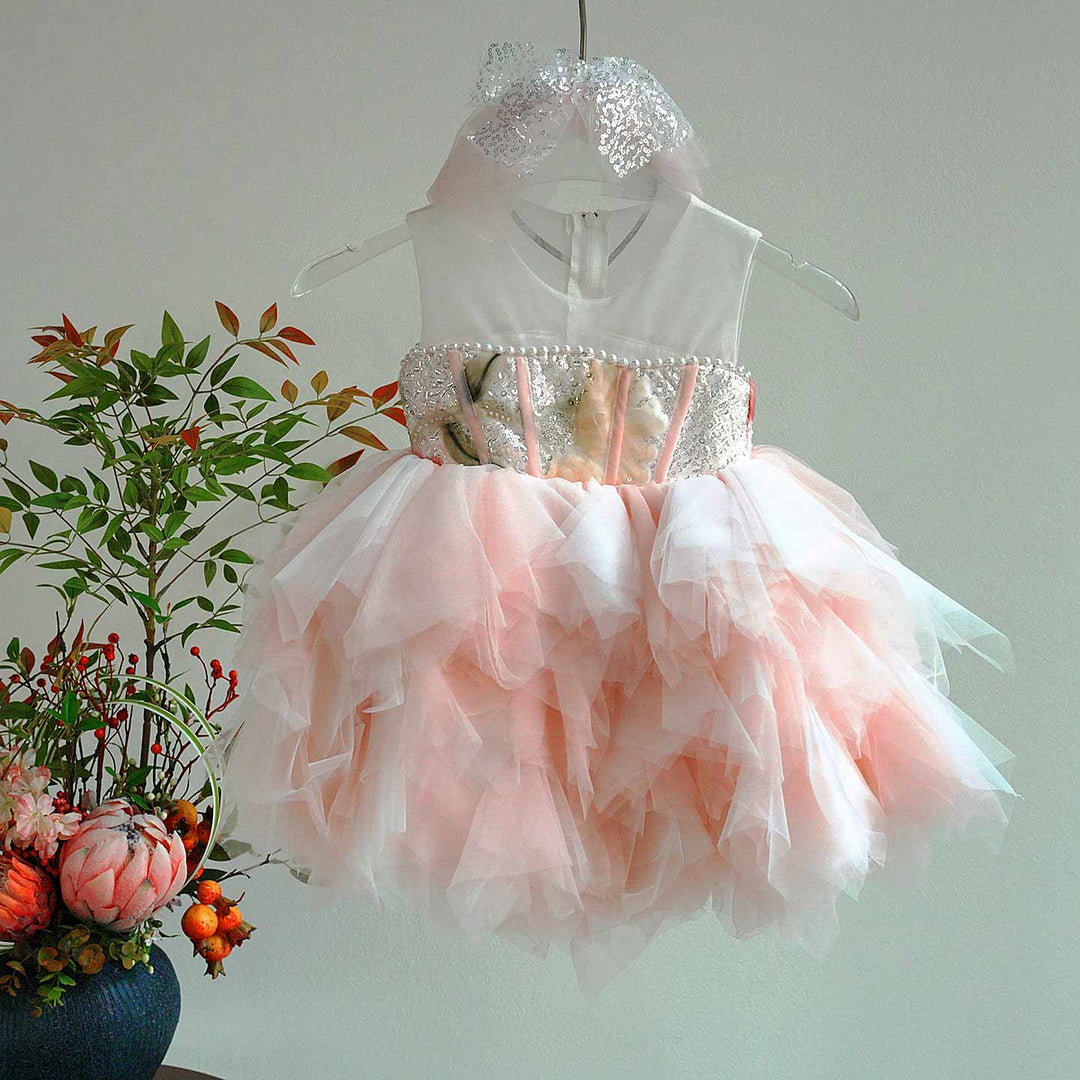 Luxury Pink Tulle Princess Dress for Girls Floral Sequin Birthday Party Gown D253