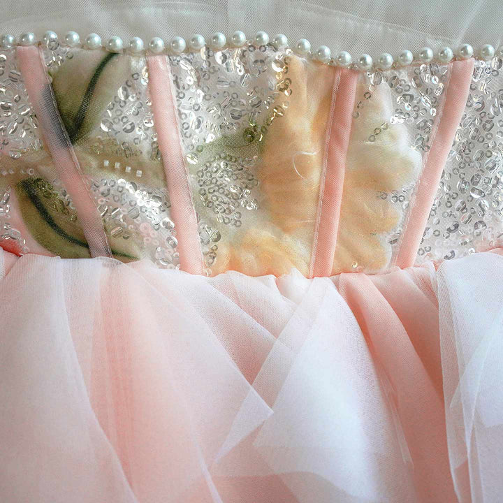 Luxury Pink Tulle Princess Dress for Girls Floral Sequin Birthday Party Gown D253