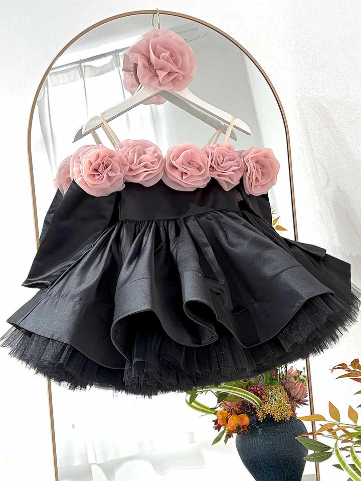 Pink Rose Flower Girl Dress with Black Tulle Toddler Birthday D134