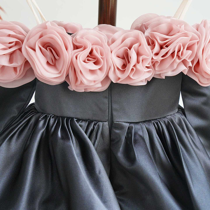 Pink Rose Flower Girl Dress with Black Tulle Toddler Birthday D134