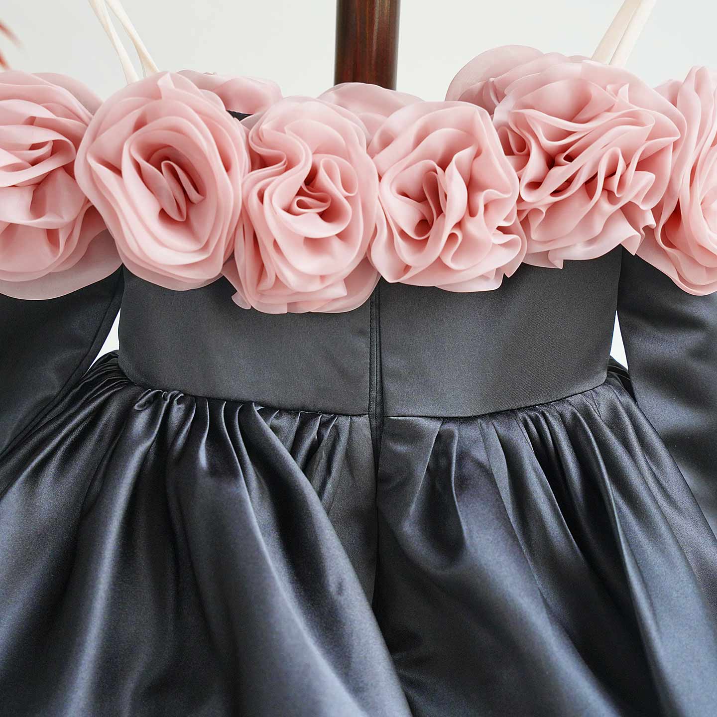 Pink Rose Flower Girl Dress with Black Tulle Toddler Birthday D134