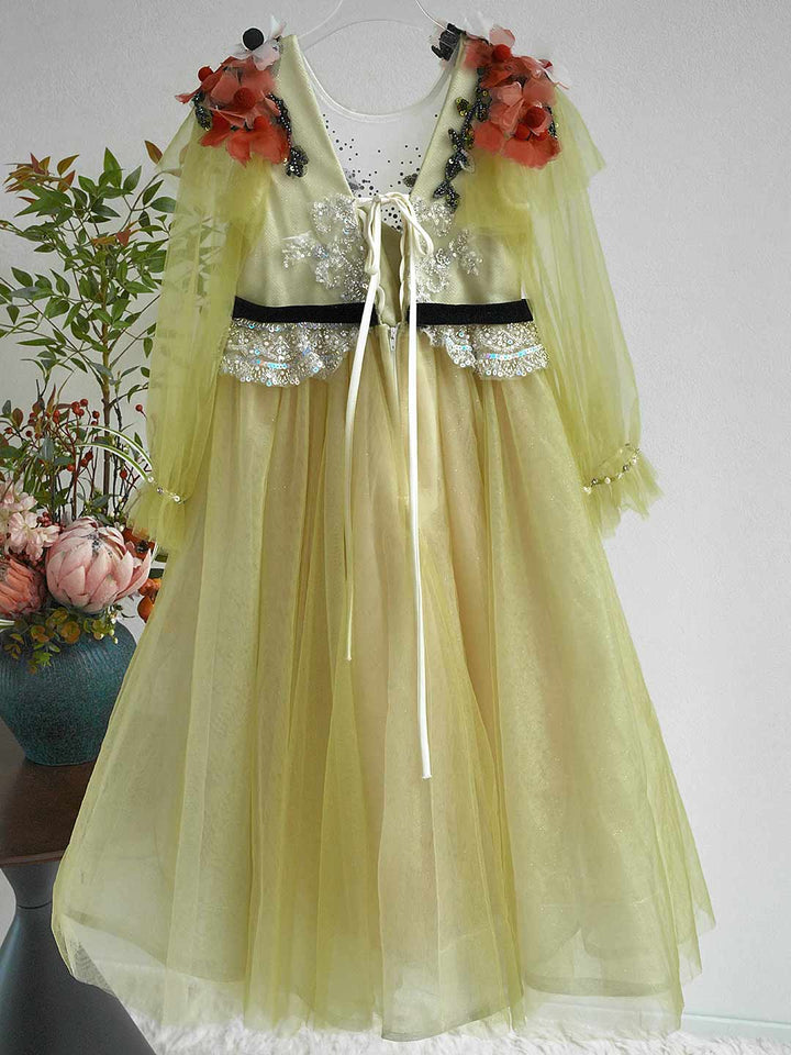 Light Yellow Flower Girl Dress with Red 3D Flowers Sequins J270