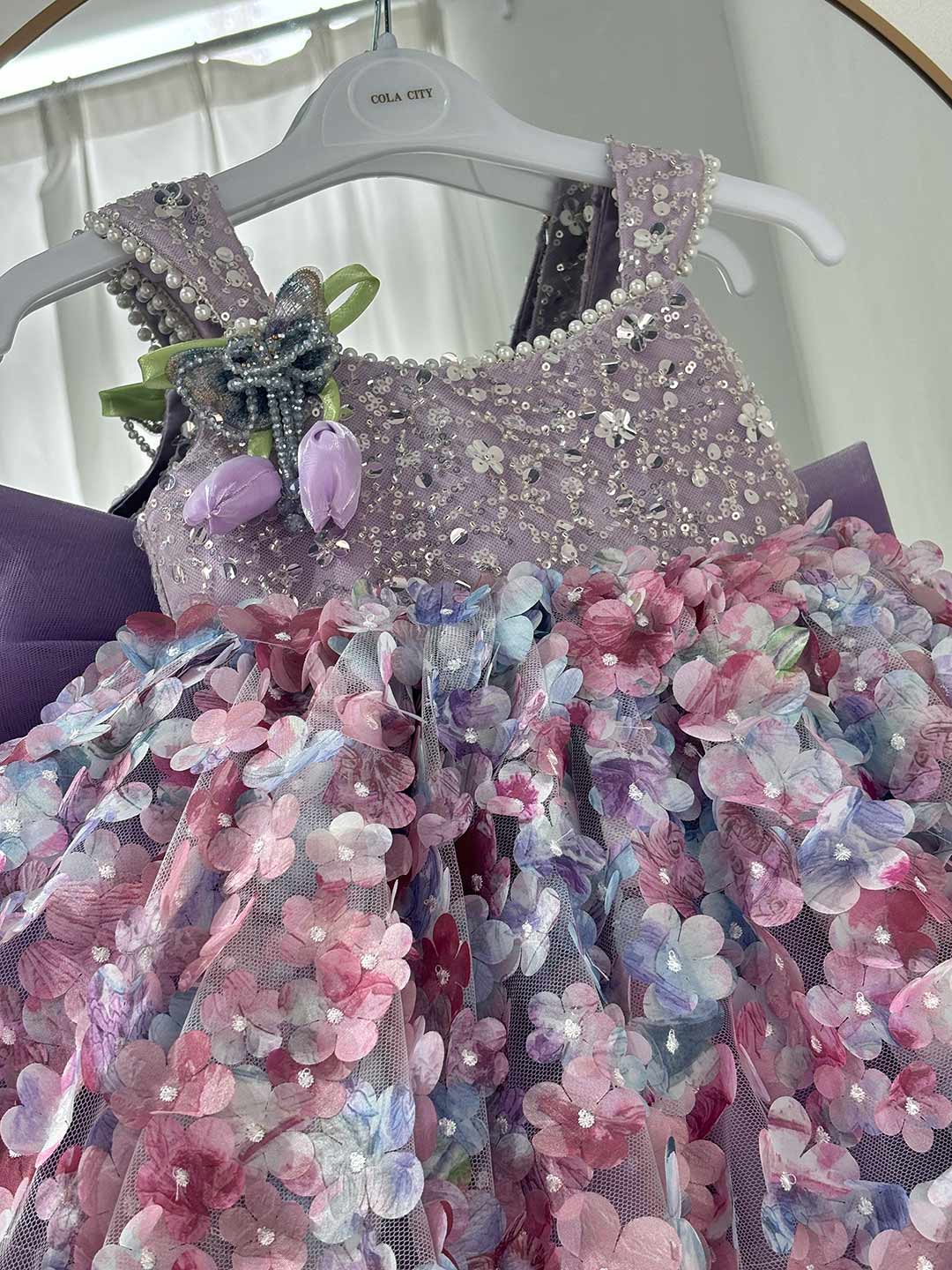 Luxury Purple Flower Girl Dress with Ombre Sequin Bodice 3D Floral Tulle Girls Pageant Gown with Long Train D285B